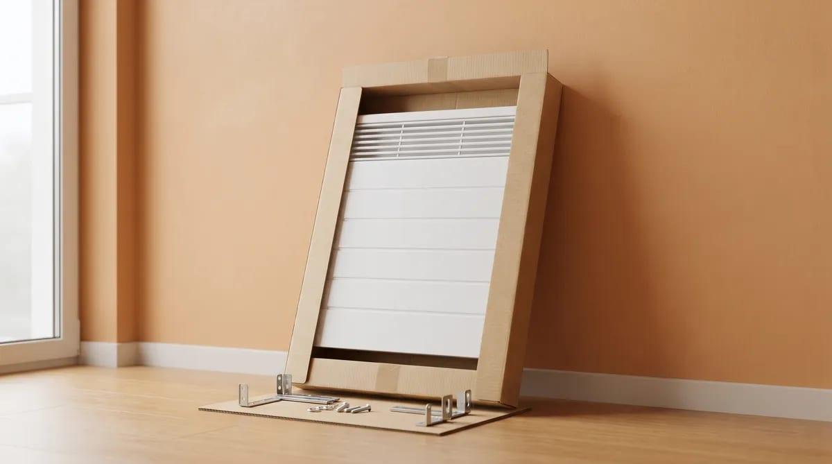 Radiateur électrique neuf encore dans son emballage, avec ses pattes de fixation, prêt à être posé dans un appartement