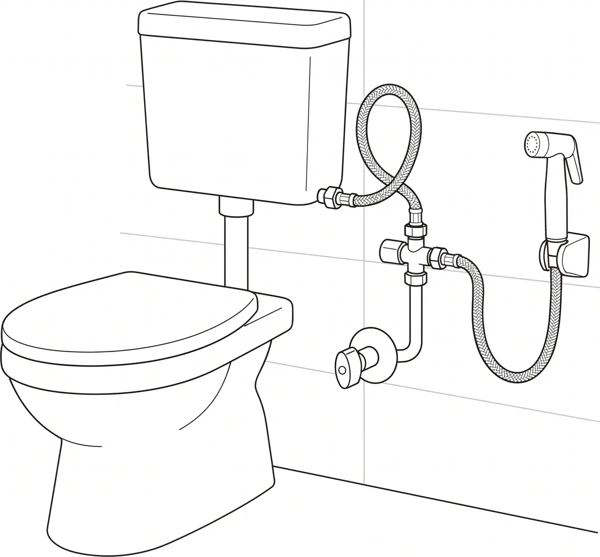 Schéma de raccordement d'une douchette WC à Paris : té de dérivation posé entre le robinet d'arrêt mural et le réservoir, second flexible partant vers le pistolet et son support