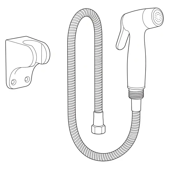 Kit douchette WC hygiénique : le pistolet à gâchette, le flexible tressé et le support mural, les trois pièces vendues ensemble